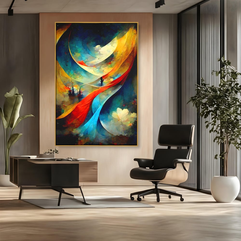 Tablou canvas cu pictura abstracta cu valuri colorate, in rama de aluminiu auriu, pe perete intr-un birou